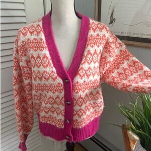 ON 34TH Womens Sweater Large Pink Orange Fair Isle Cardigan Cropped Preppy